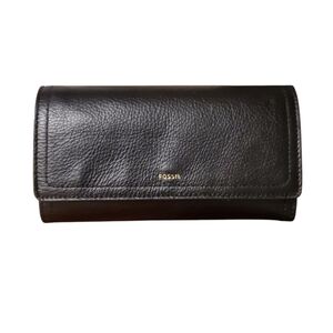 Fossil Black Pebbled Long Leather trifold Wallet with Gold Hardware